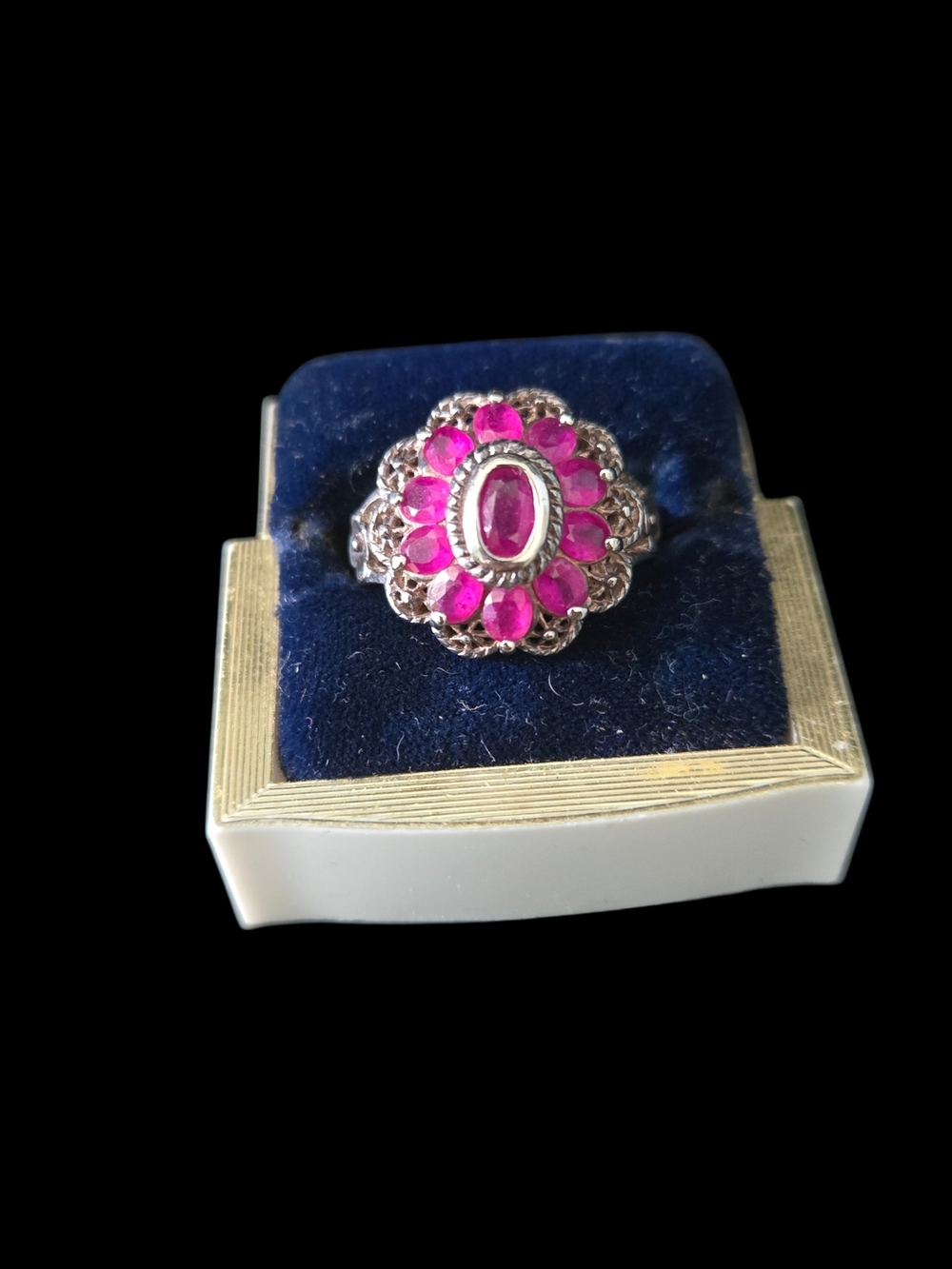 Vintage Pink Floral Cluster Sterling Silver Ring - Elegant Statement  S-8